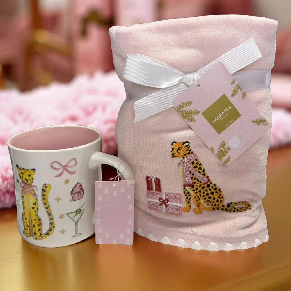 Petal & Pearl NWT Cheetah Design Plush Pink Hand Towel & Ceramic Mug Set